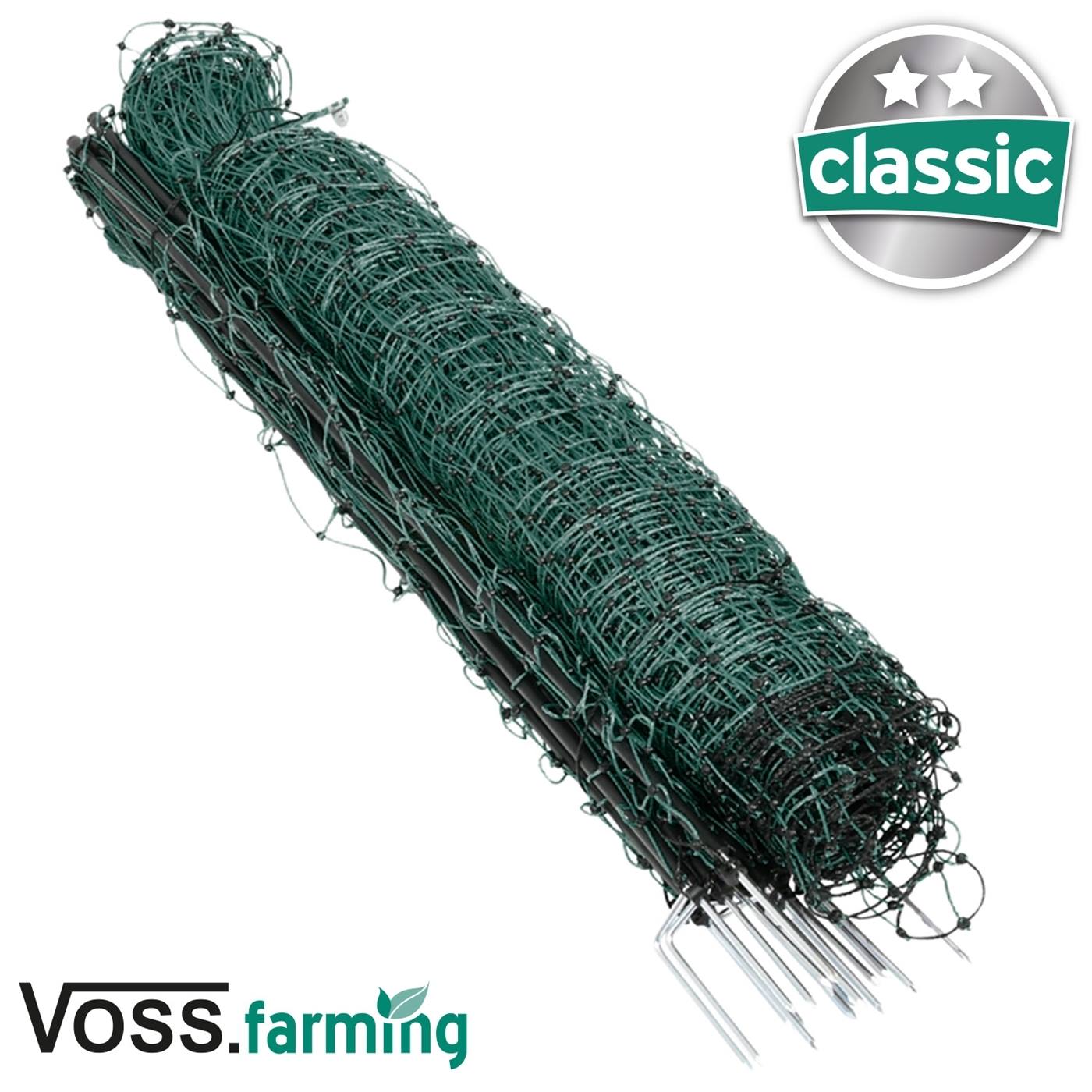 Double-cliquez pour agrandir Un filet à volaille VOSS.farming Classic vert enroulé de 15m, 112cm de haut, avec 6 piquets et 2 pointes, pour la clôture à volaille.