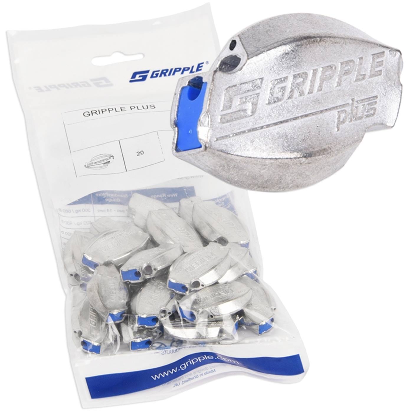 Un paquet de 20 connecteurs de fil Gripple "grand" (Ø 3,25 mm-4,20 mm) de Gripple, dont un connecteur est représenté en gros plan au-dessus de l'emballage.