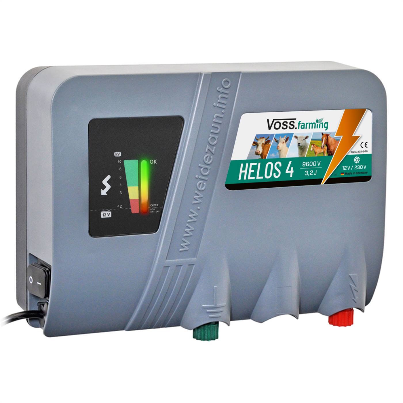 Electrificateur "HELOS 4" de VOSS.farming, 12V / 230V, avec lampes de contrôle, avec deux écrous moletés de couleur en bas du boîtier gris pour le raccordement à la terre et à la clôture.