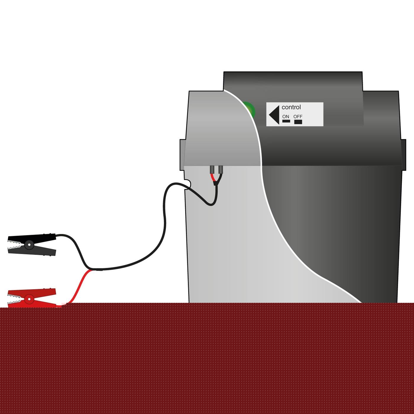 On voit ici schématiquement un électrificateur avec un câble de raccordement de batterie connecté avec des pinces crocodiles rouges et noires.