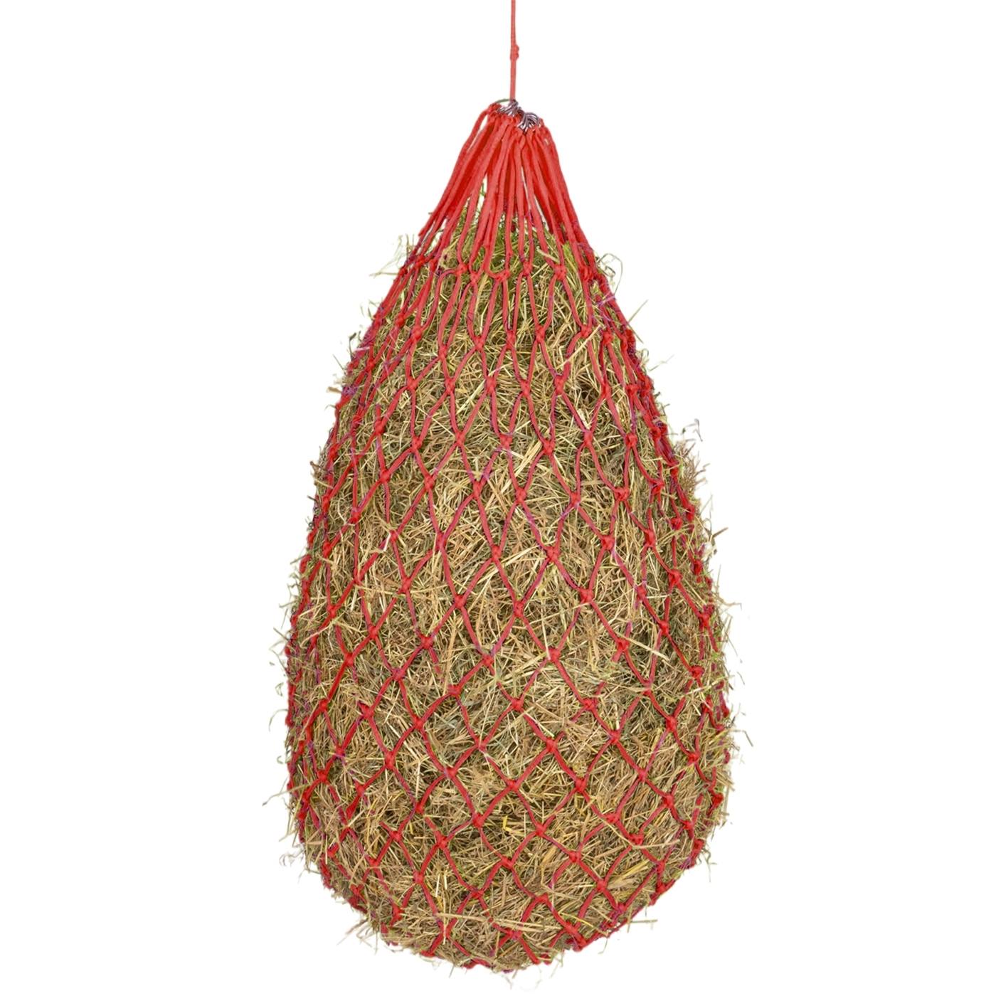 Le filet à foin VOSS.farming, à mailles serrées (rouge, mailles de 5x5cm) pour suspendre et nourrir facilement.