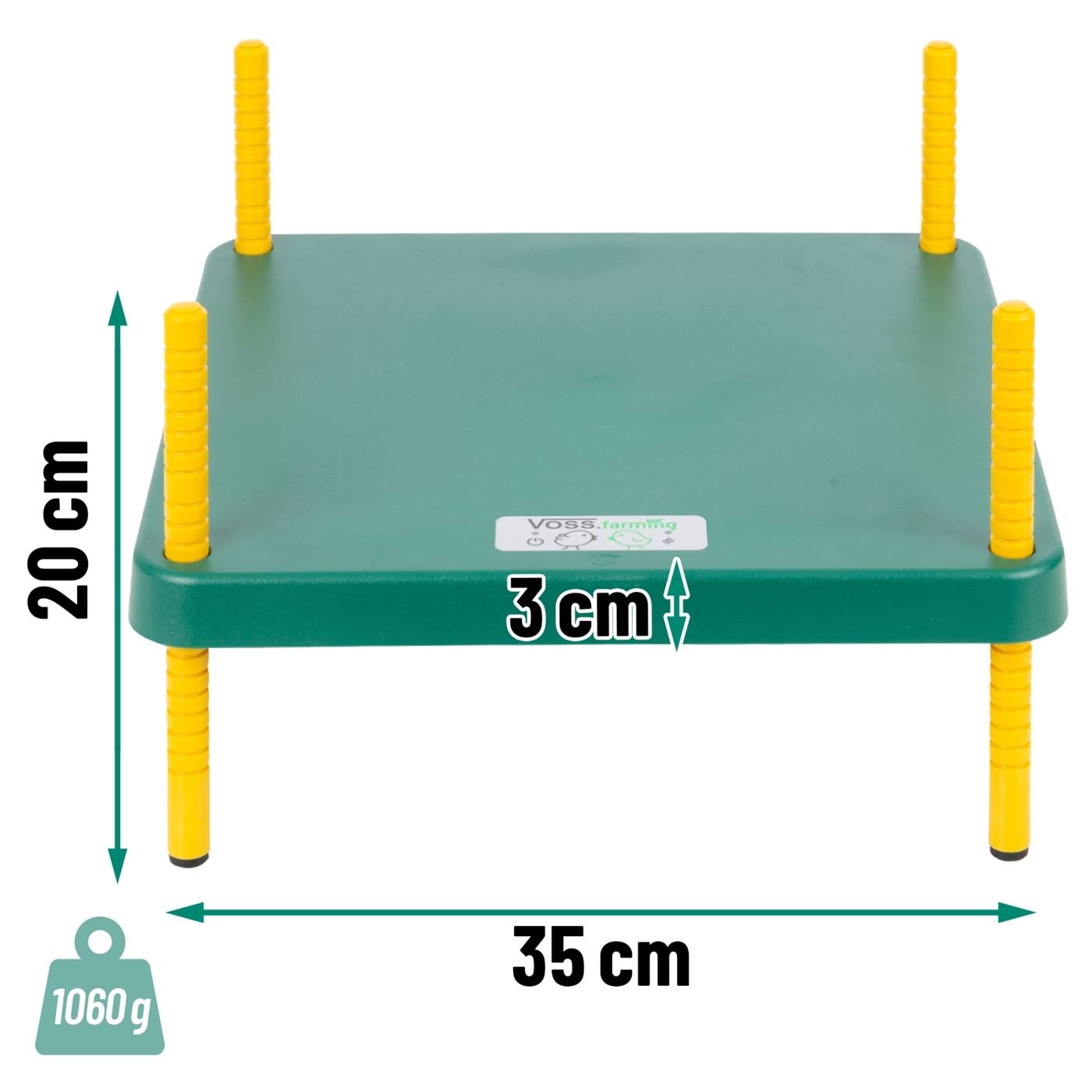 La plaque chauffante pour poussins VOSS.farming "VD35" pour l'élevage de poussins représentée avec des dimensions concrètes.