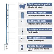Filet pour moutons AKO TitanNet Premium, 50 m, 108 cm, 14 piquets renforcés. piquets, 2 pointes, entretoises rigides, bleu-orange