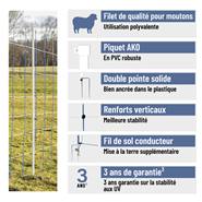Filet pour moutons AKO TitanNet 50 m, 145 cm, 15 piquets renforcés, 2 pointes, renforts rigides, bleu-blanc