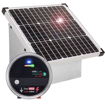 Kit premium VOSS.farming : Système solaire 35 W + électrificateur puissant 12 V "impuls duo DV80" (5J) + boîtier de transport