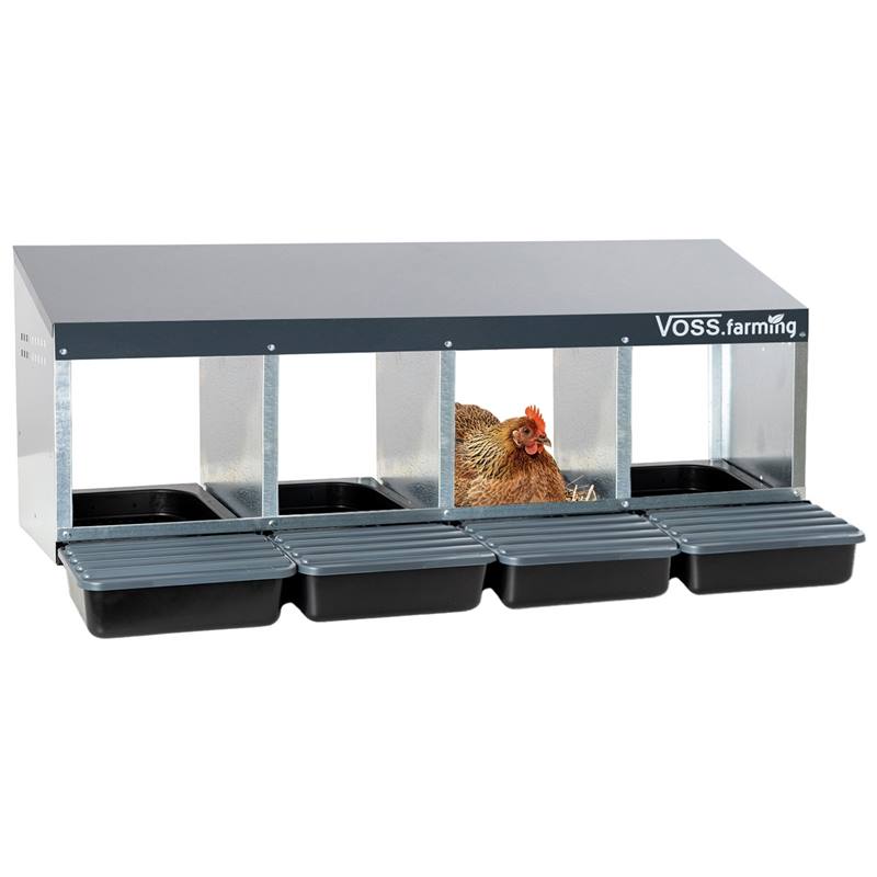 Le « VOSS.farming Premium Legenest pour poules en métal » est un pondoir en métal composé de quatre compartiments, chacun équipé d'un bac noir amovible et d'un toit incliné. Il a été conçu pour la collecte des œufs de plusieurs poules.
