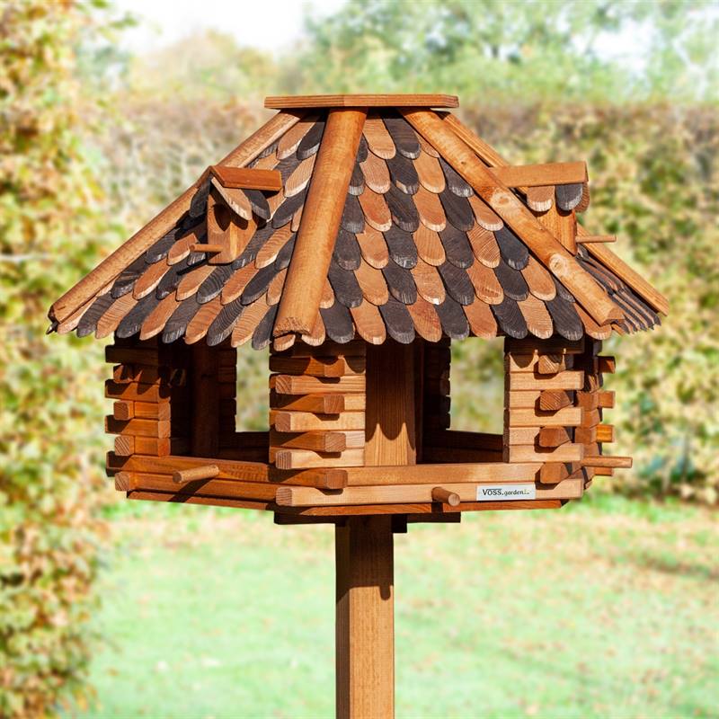 Maison pour oiseaux, très grand modèle, en bois de VOSS.garden « Feuillage  dautomne » avec support massif - hauteur totale 1,45 m